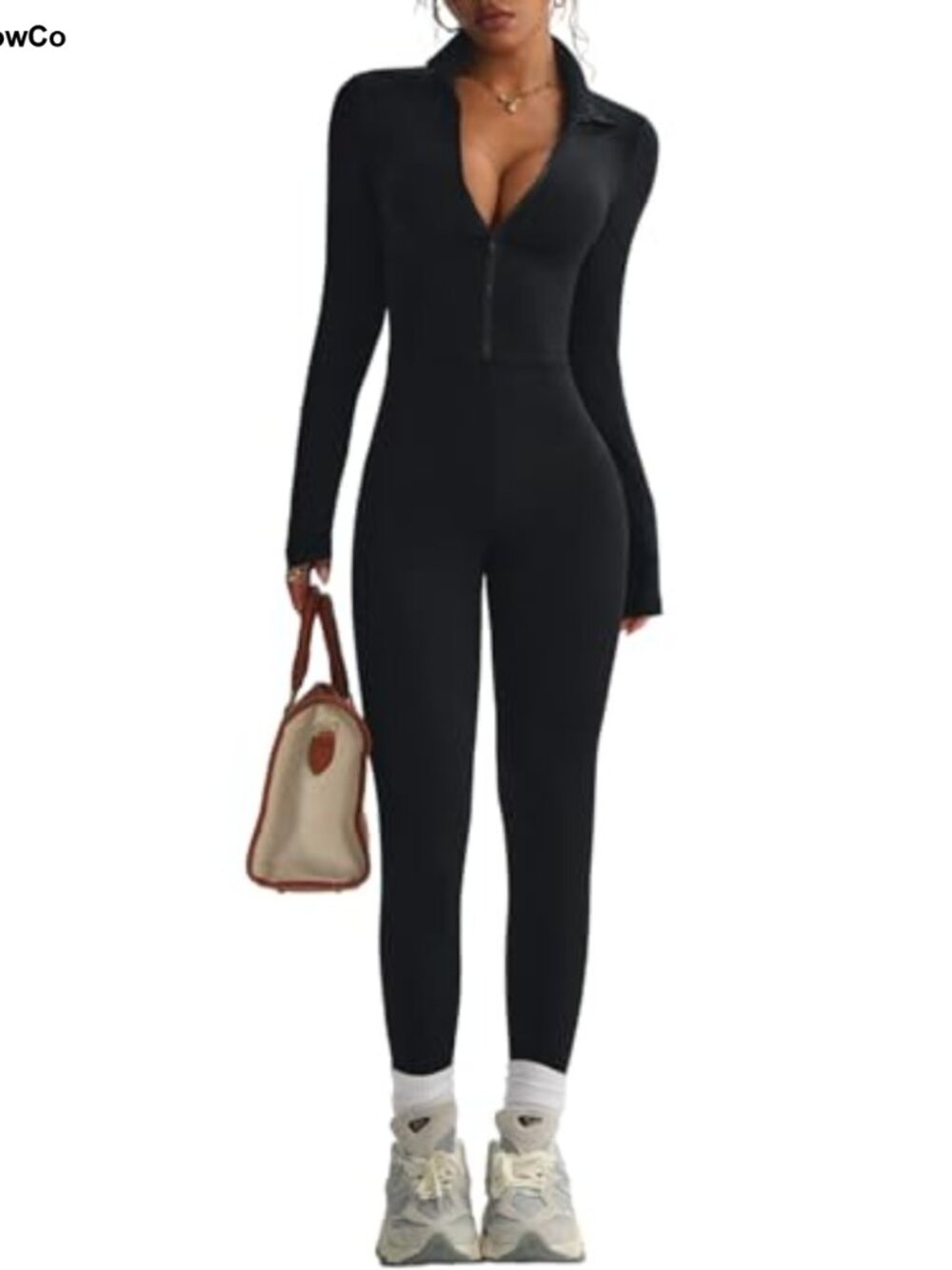 Women's Zip Up Long Sleeve Jumpsuit Tummy Control Workout Romper